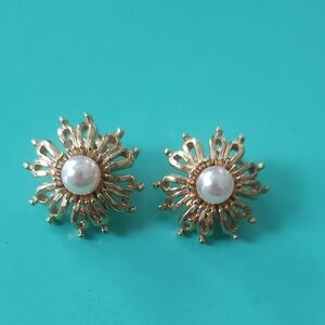 Radiant Gold Tone Clip On Sunburst Pearl Earrings